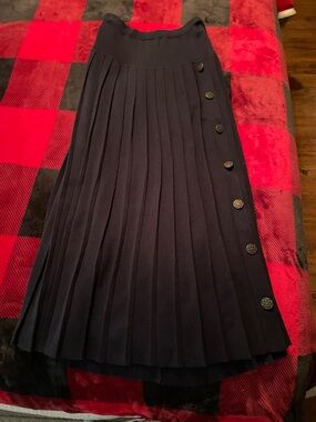 Pleated A-Line Midi Skirt in Dark Navy with Side Buttons